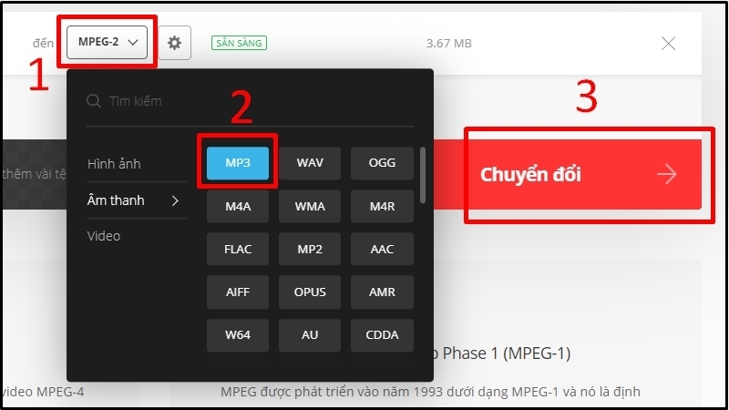 Chọn định dạng MP3 và bấm Chuyển đổi